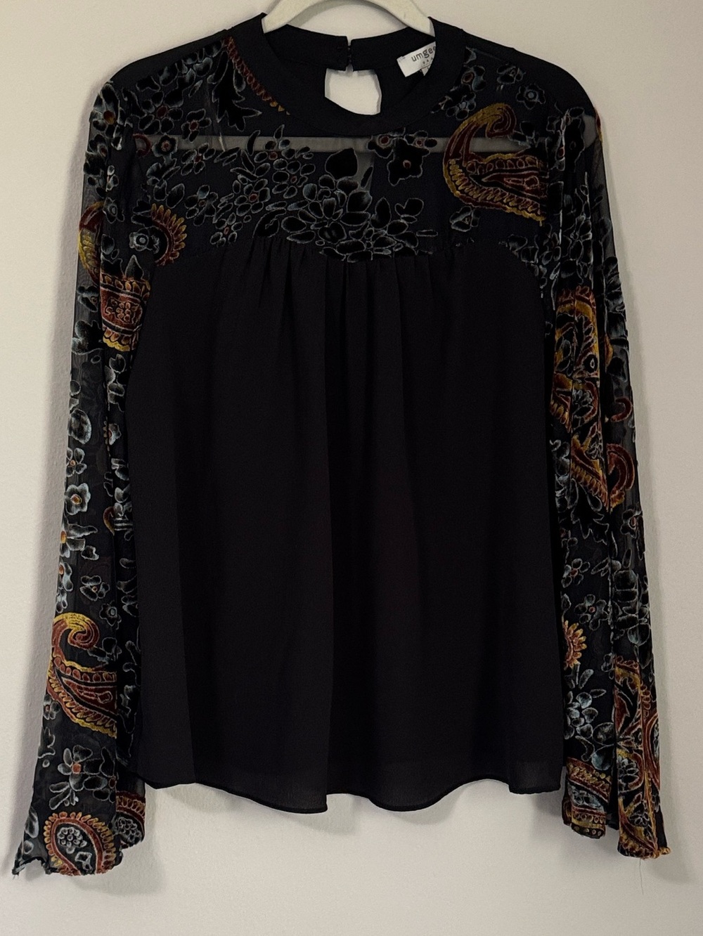 Umgee Black Top with Paisley Butnout Velvet Long Flare Sleeves Fall Whimsygoth L
